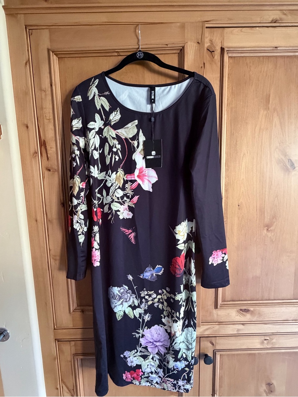 Black Floral Midi Dress with Long Sleeves